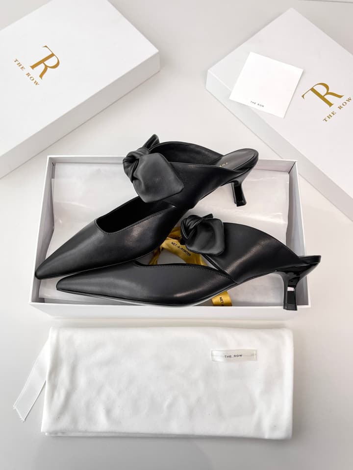 The Row Leather Bow Mules in Black Leather