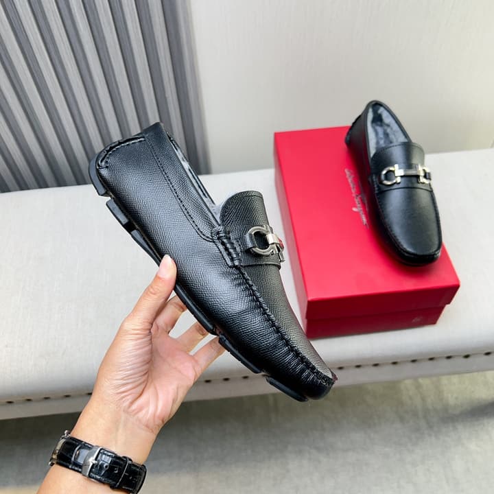 Ferragamo Imported Cowhide Fur-Lined Loafers in Black Patent Leather