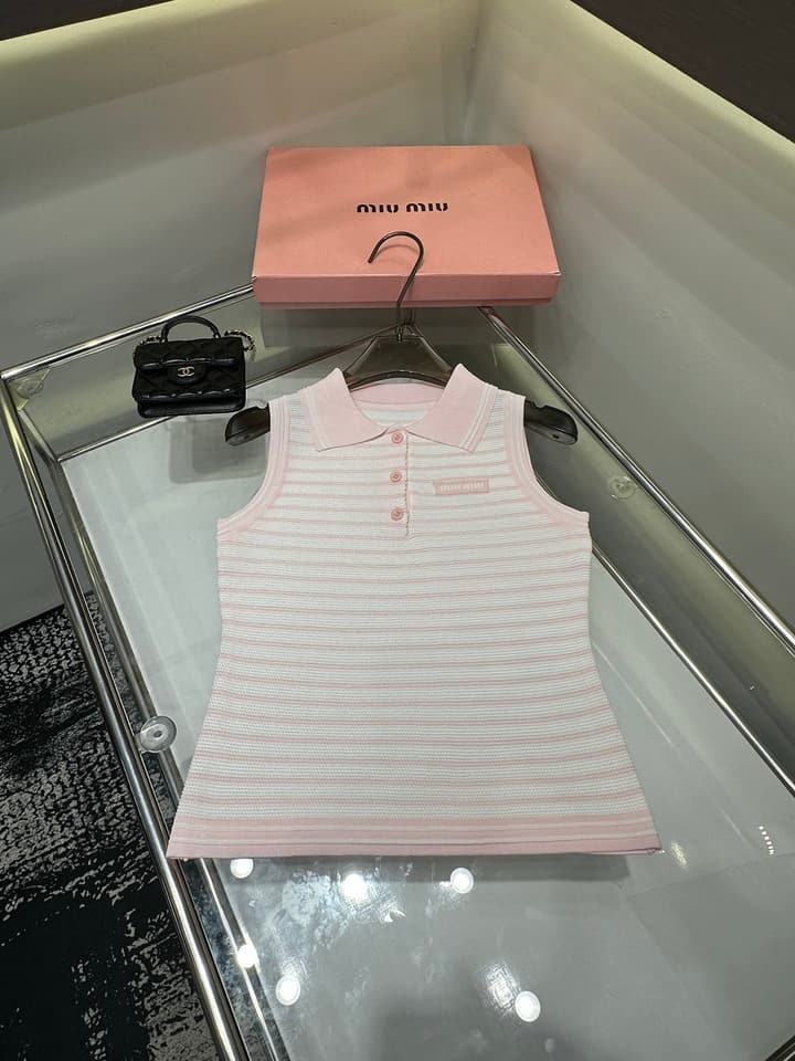 Miu Miu Striped Polo Collar Knit Vest in Pink