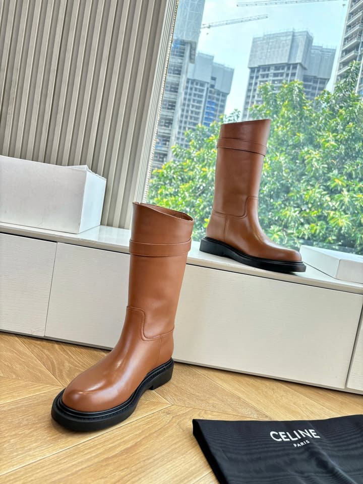 Celine Triomphe Knight Ankle Boots – 2025 Fall/Winter Collection in Black And Brown Leather Display