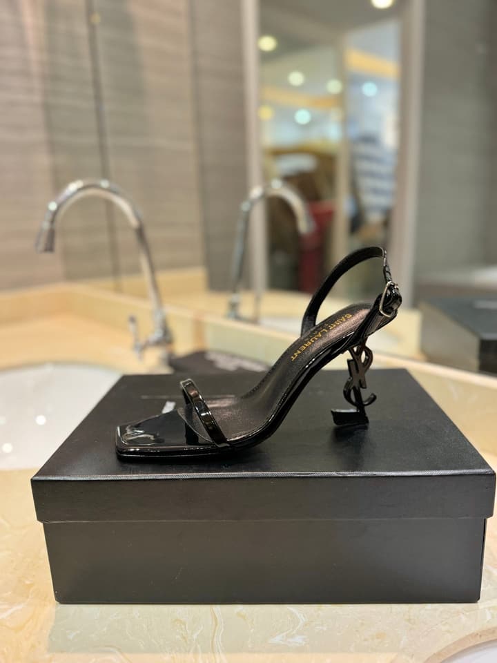 Saint Laurent YSL Logo Heeled Sandals in Apricot Patent