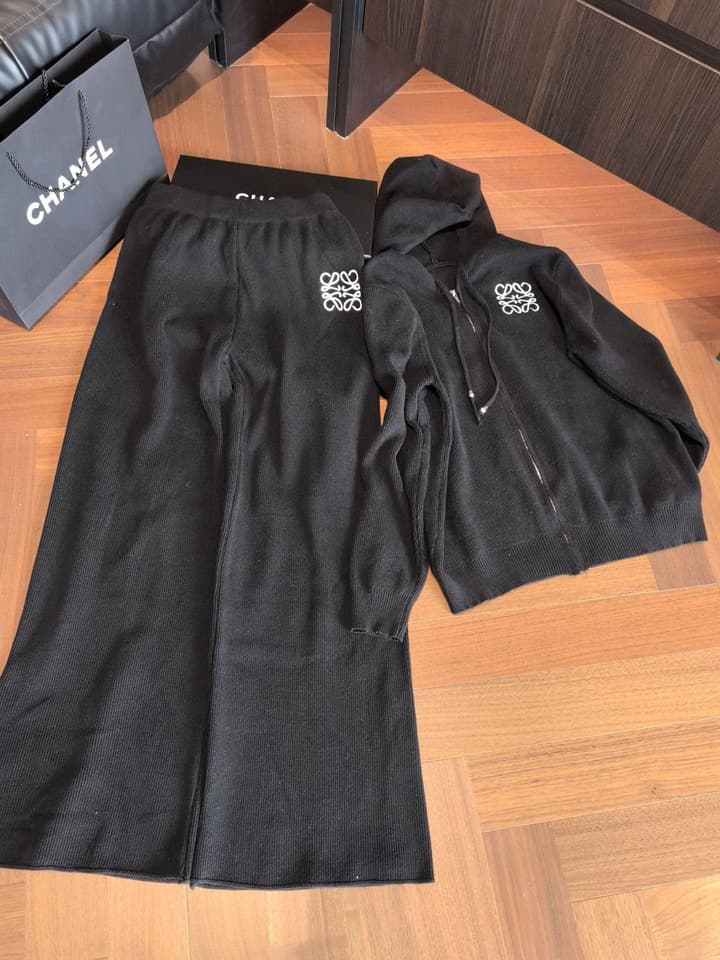 Loewe Classic Logo Embroidered Hooded Knit Set in Black