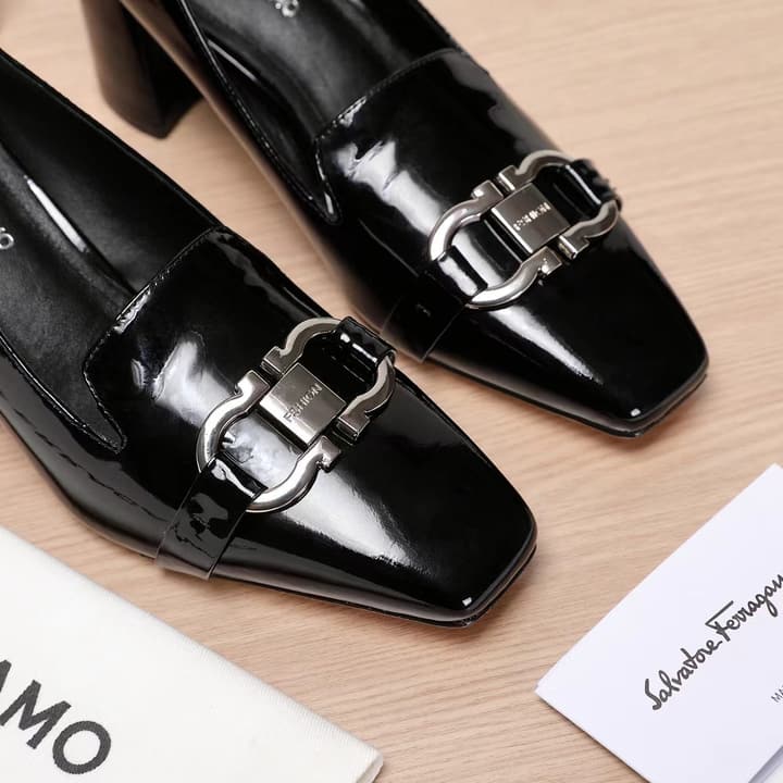 Ferragamo Classic Square Toe Pumps in Black Patent Leather