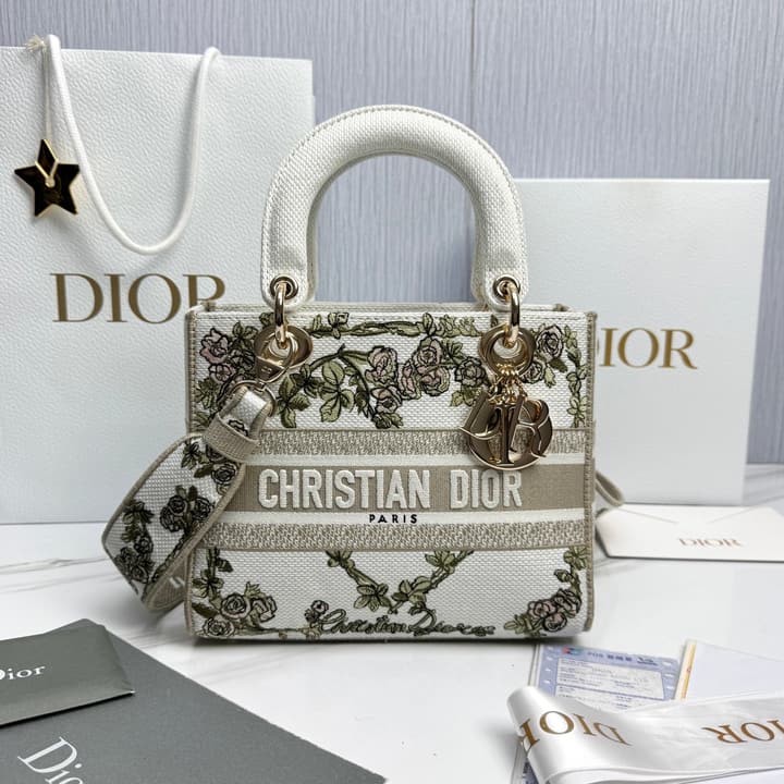 Dior Lady Dior 5-Grid Hand-Embroidered Handbag in Black Embroidered Toile