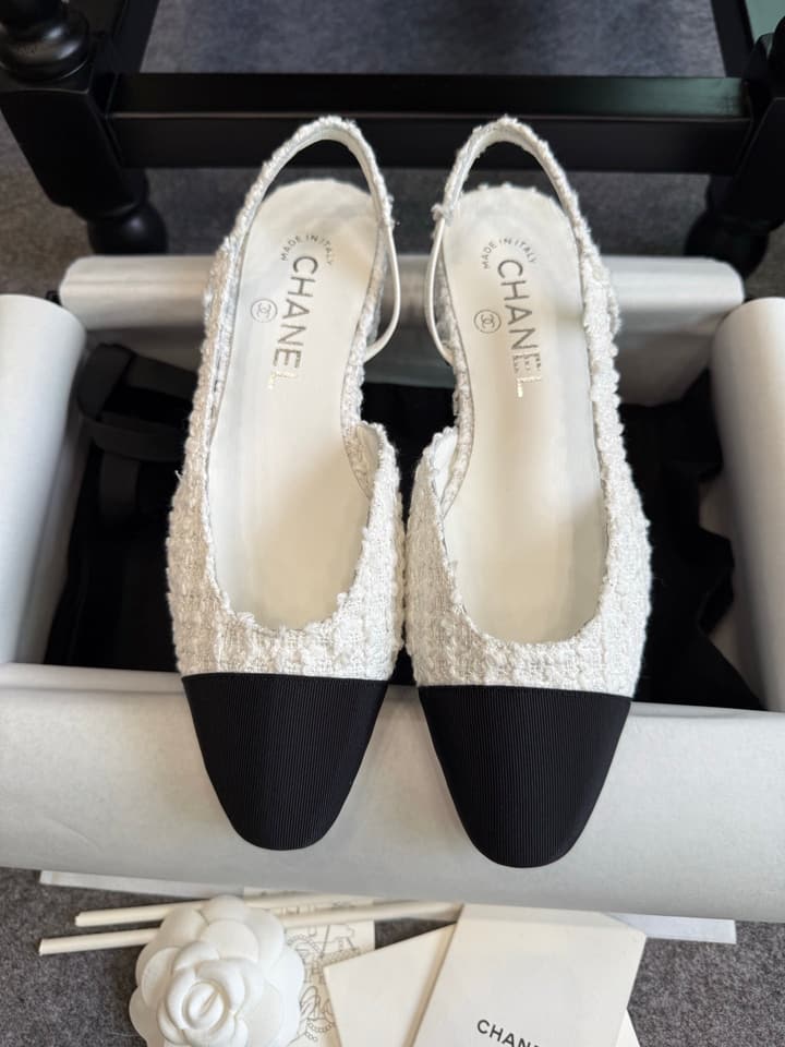 Chanel Classic Slingback Heels in Bright Black And White Tweed