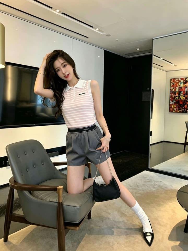 Miu Miu Striped Polo Collar Knit Vest in Pink