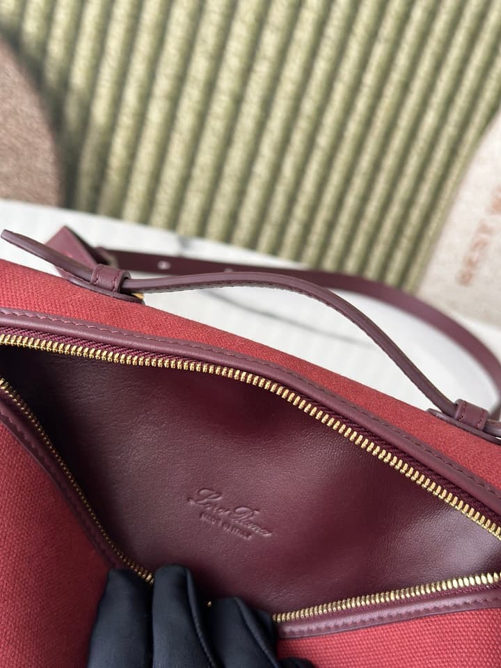 Loro Piana L19 Canvas Crossbody Bag – Spring/Summer Resort Collection in Beige Canvas With Burgundy Trim