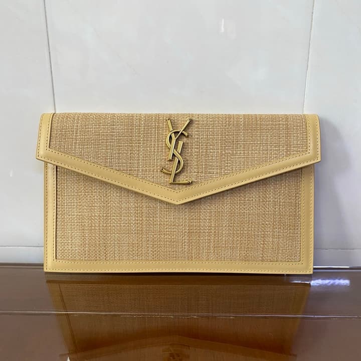 Saint Laurent Uptown Raffia Clutch Bag in Natural Raffia Beige