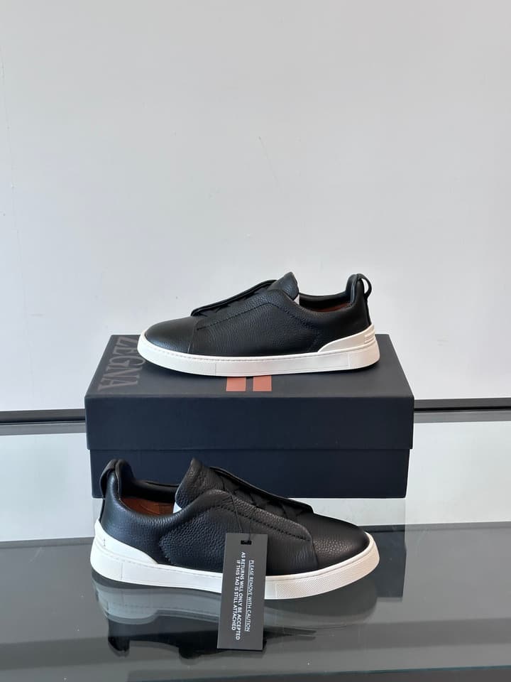 Zegna Men's Low-Top Leather Sneakers in Black & White