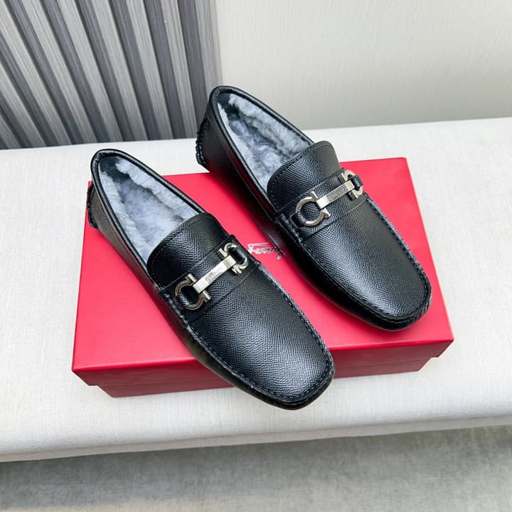 Ferragamo Imported Cowhide Fur-Lined Loafers in Black Patent Leather