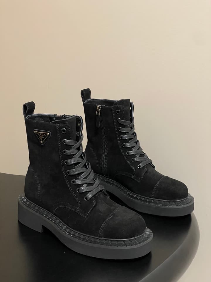 Prada Triangle Logo Combat Boots – 25SS in Black Suede