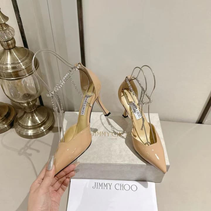 Jimmy Choo Rhinestone Cross-Strap Kitten Heels – 2025 Spring/Summer Collection in Nude Patent Leather