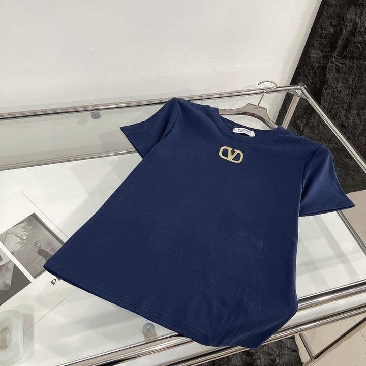 Valentino V-Logo Gold Thread Embroidery T-Shirt in Blue