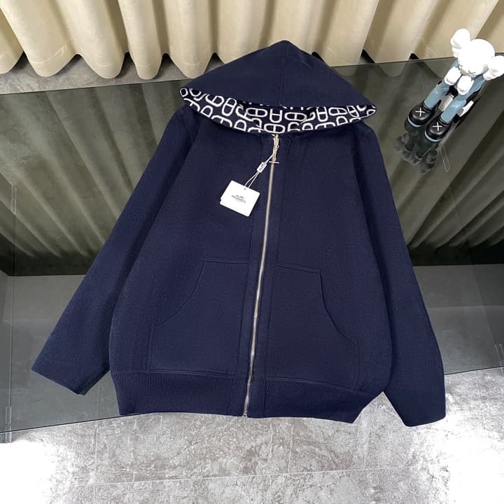 Hermès Classic Jacquard Cashmere Hooded Cardigan in Dark Jacquard Pattern