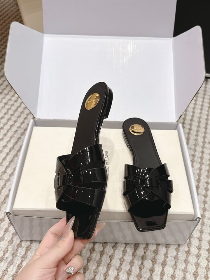Saint Laurent Melody Square Toe Flat Sandals – 2026SS in Burgundy Patent