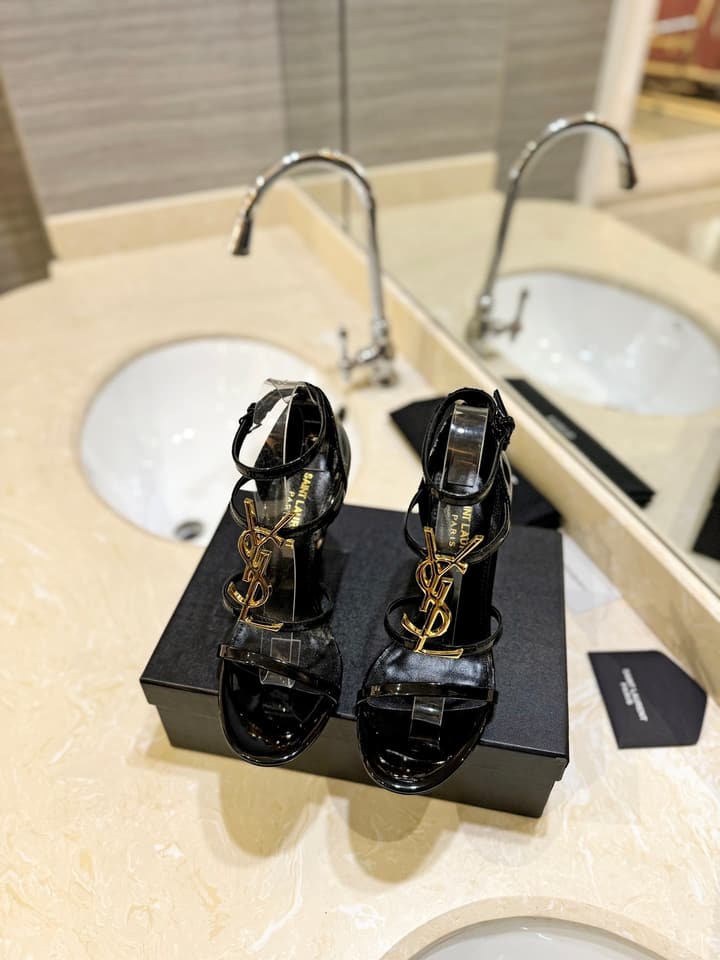 Saint Laurent YSL Logo Lacquer Heeled Sandals in Black Matte With Black Logo