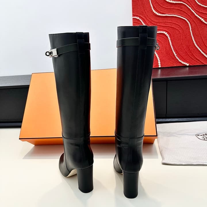 Hermès Kelly Buckle High Heel Knee-High Boots in Black Leather
