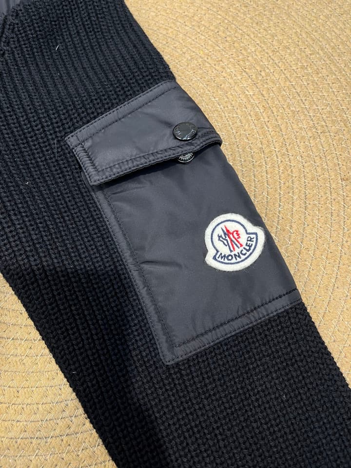 Moncler Knitted Patchwork Stand-Collar Jacket in Dark Brown
