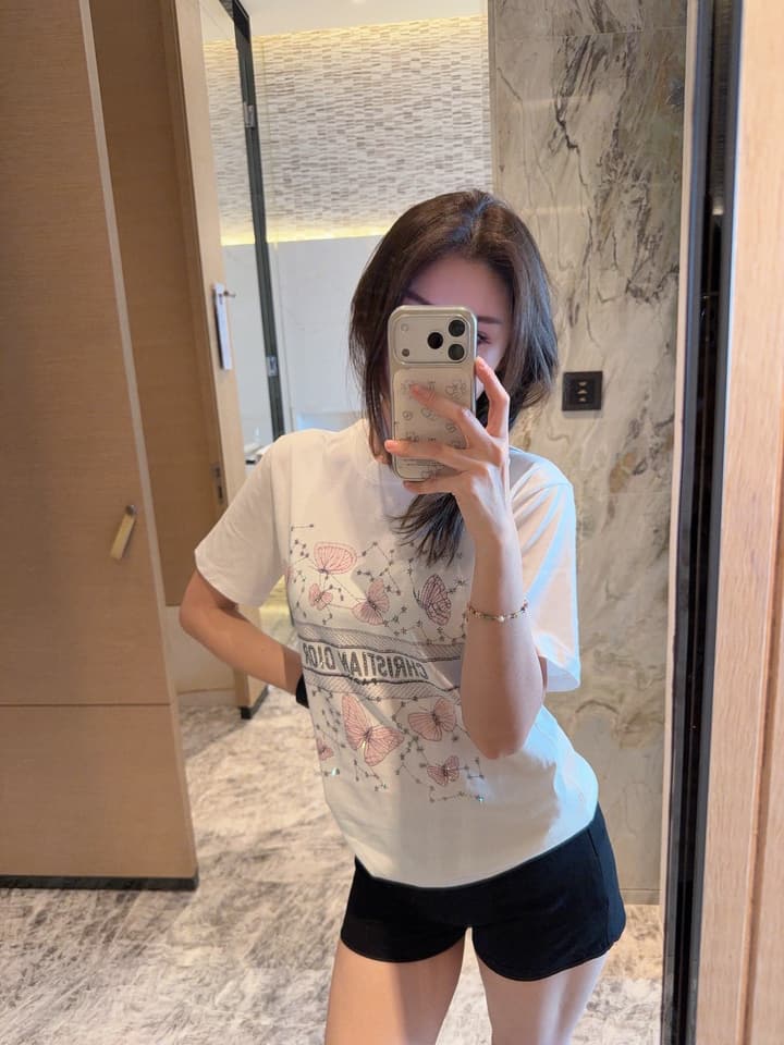 Dior Pink Butterfly Rhinestone Print T-Shirt in White With Pink Butterfly Print