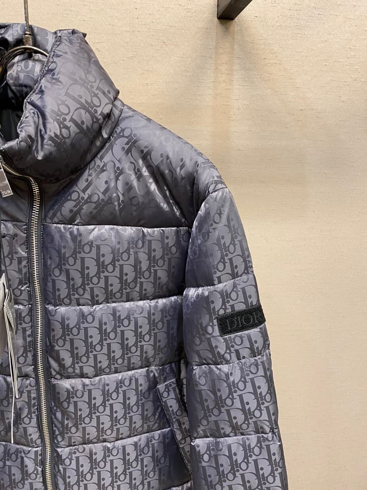 Dior Jacquard Logo Unisex Down Puffer Jacket in Dark Gray Jacquard