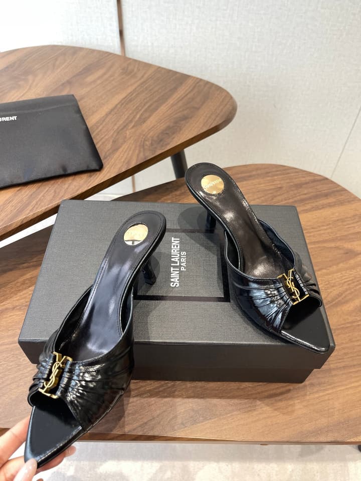 Saint Laurent Pointed Toe Stiletto Heeled Sandals – 26SS in Black - Gold Logo Plaque