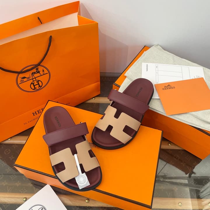 Hermès Chypre Suede Sandals in Burgundy And Beige