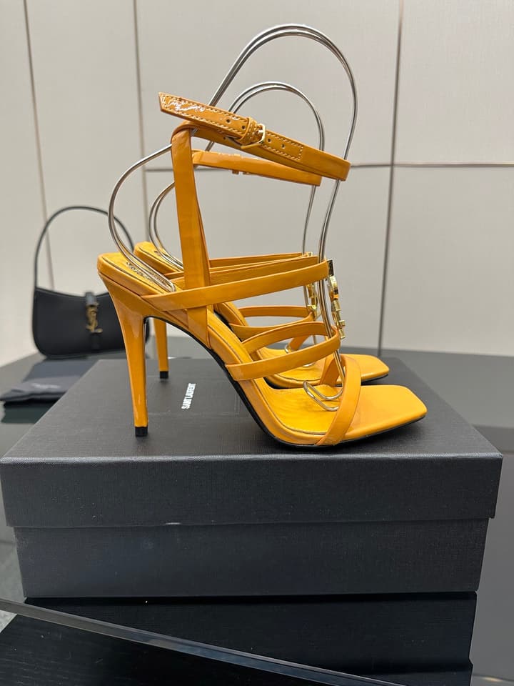 Saint Laurent Patent Leather Heeled Sandals in Bright Amber