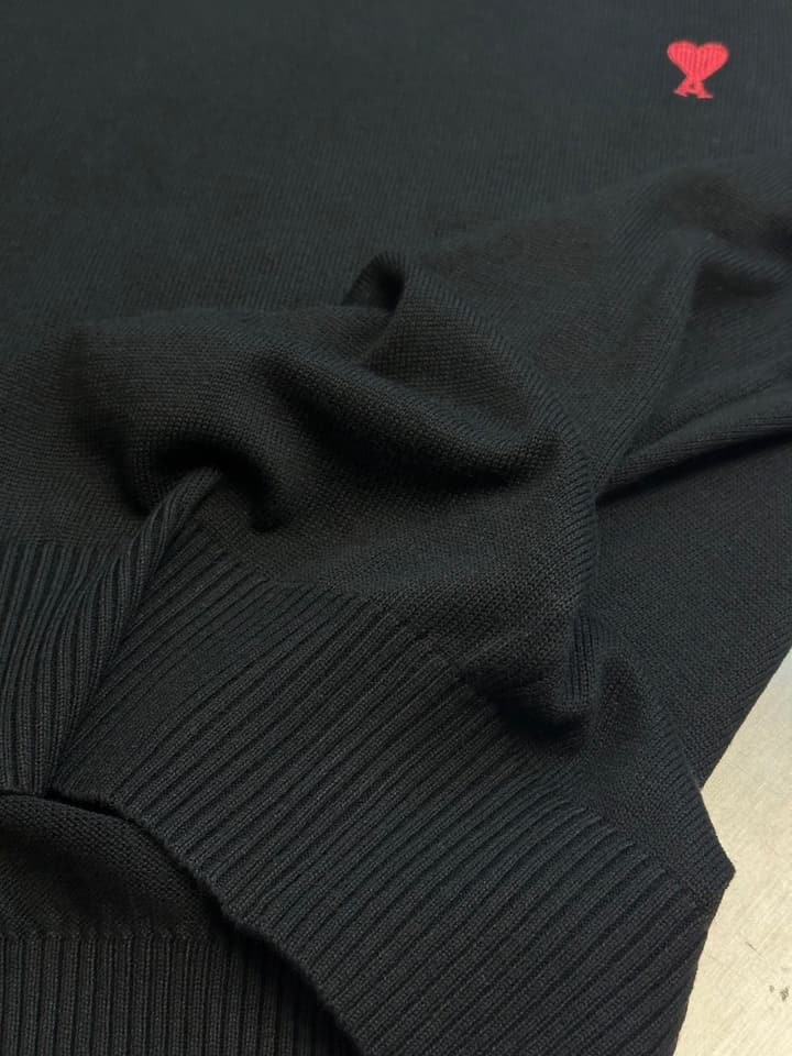 AMI Paris Heart Embroidery Merino Sweater in Classic Black