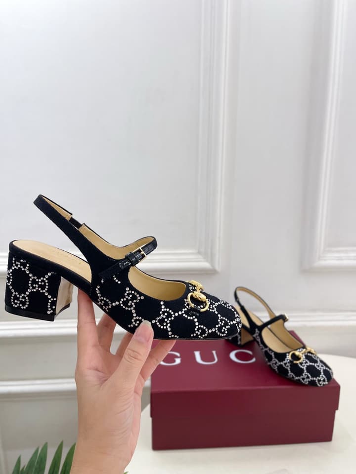 Gucci Classic Horsebit Rhinestone Slingback Sandals – 25SS in Black Monogram Rhinestone
