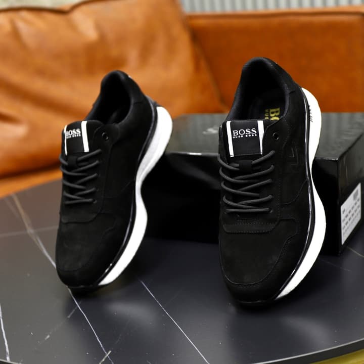 Boss Men's Luxury Running Sneakers in Black Mesh With White Sole