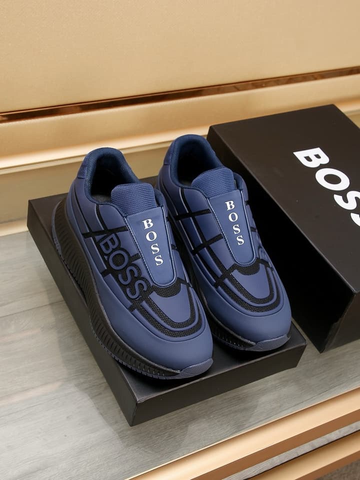 Boss New Men's Luxury Athletic Sneakers in Black With White Detail