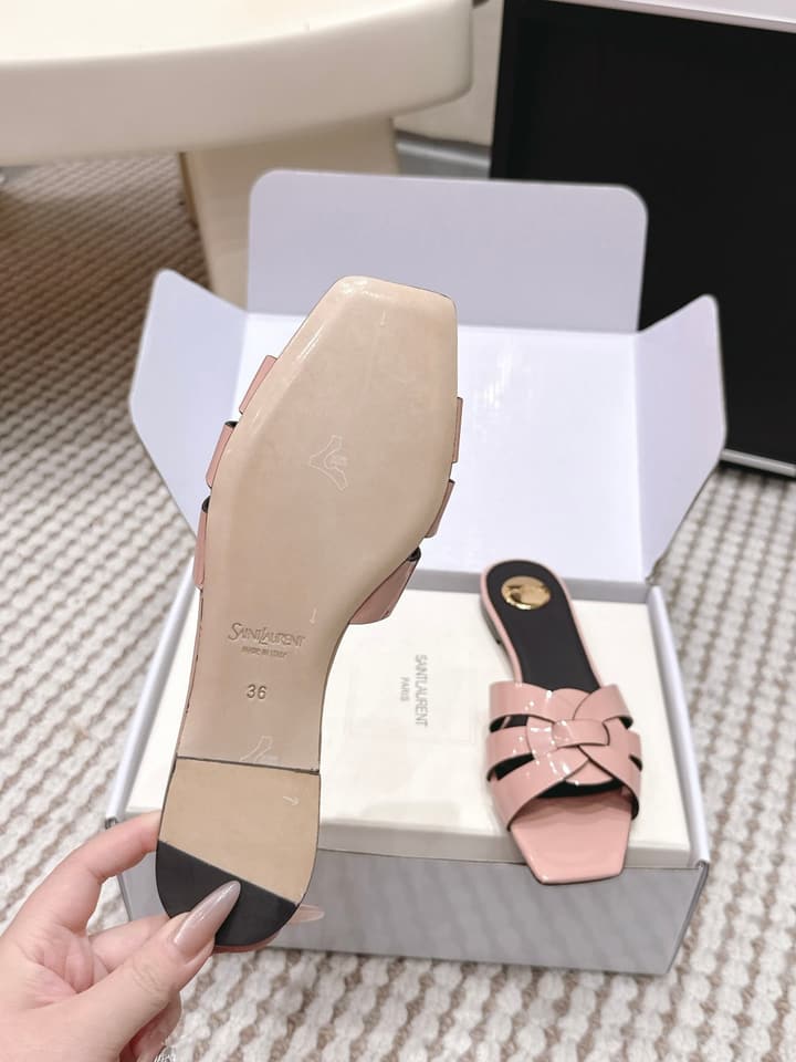 Saint Laurent Melody Square Toe Flat Sandals – 2026SS in Burgundy Patent
