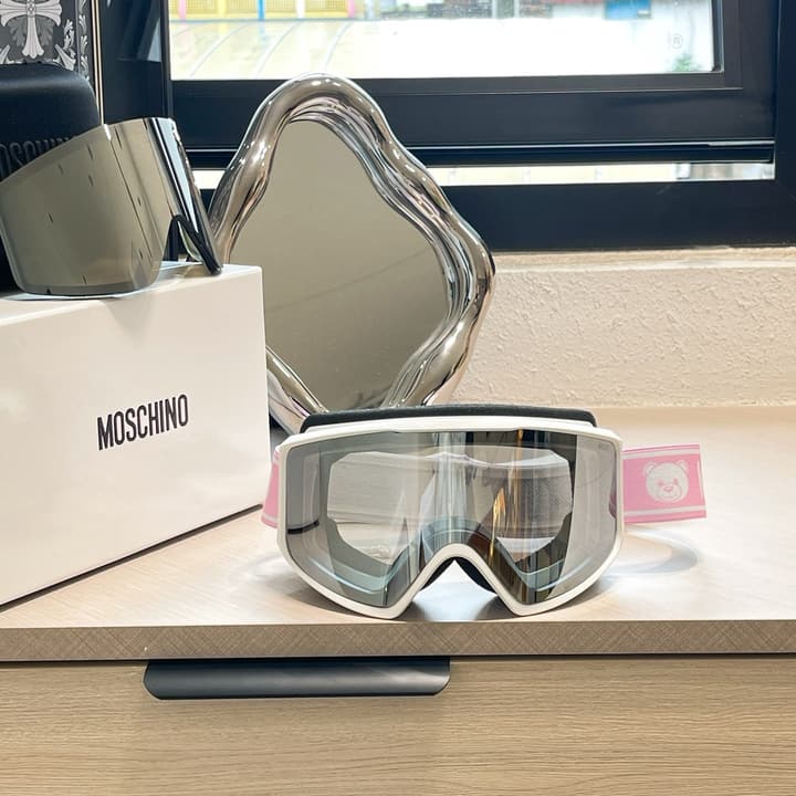 Moschino Bear Magnetic Dual-Lens Ski Goggles in Black Frame With Pink Mirrored Lens