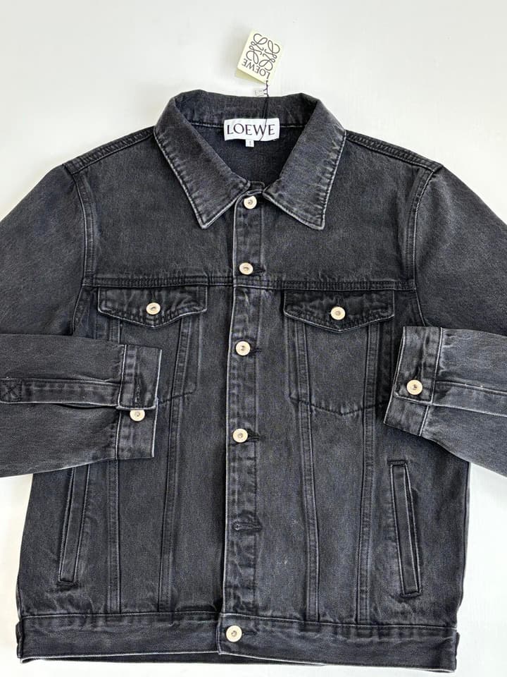 Loewe Embroidered Washed Distressed Denim Jacket in Washed Black