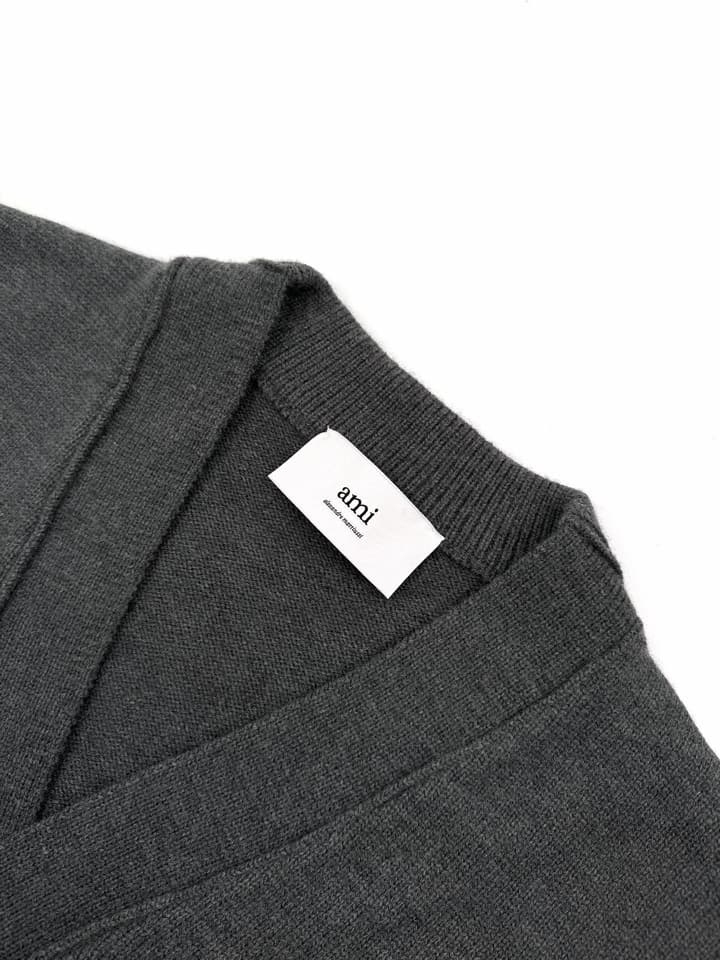 Ami Paris Heart Jacquard Merino Cardigan in Graphite Gray With Red Heart Logo