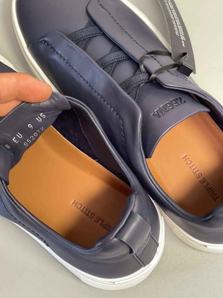 Zegna SECONDSKIN Triple Stitch Low-Top Sneakers in Navy Smooth Leather