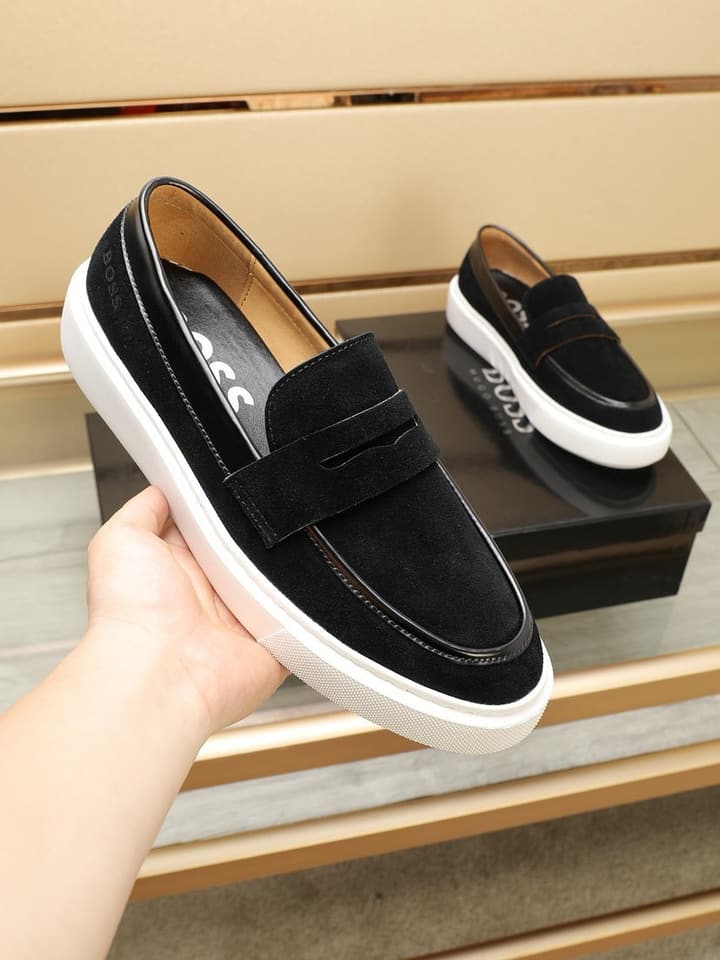 Boss Men's Luxury Leather Slip-On Loafers in Black Smooth Leather