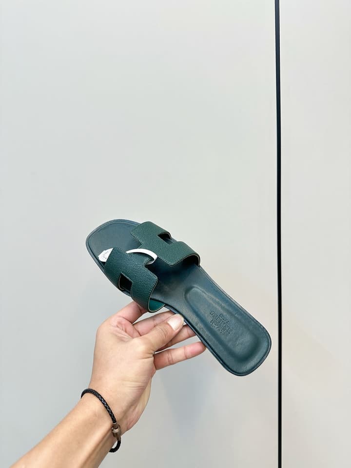 Hermès Palm Grain H-Slides in Bright Green
