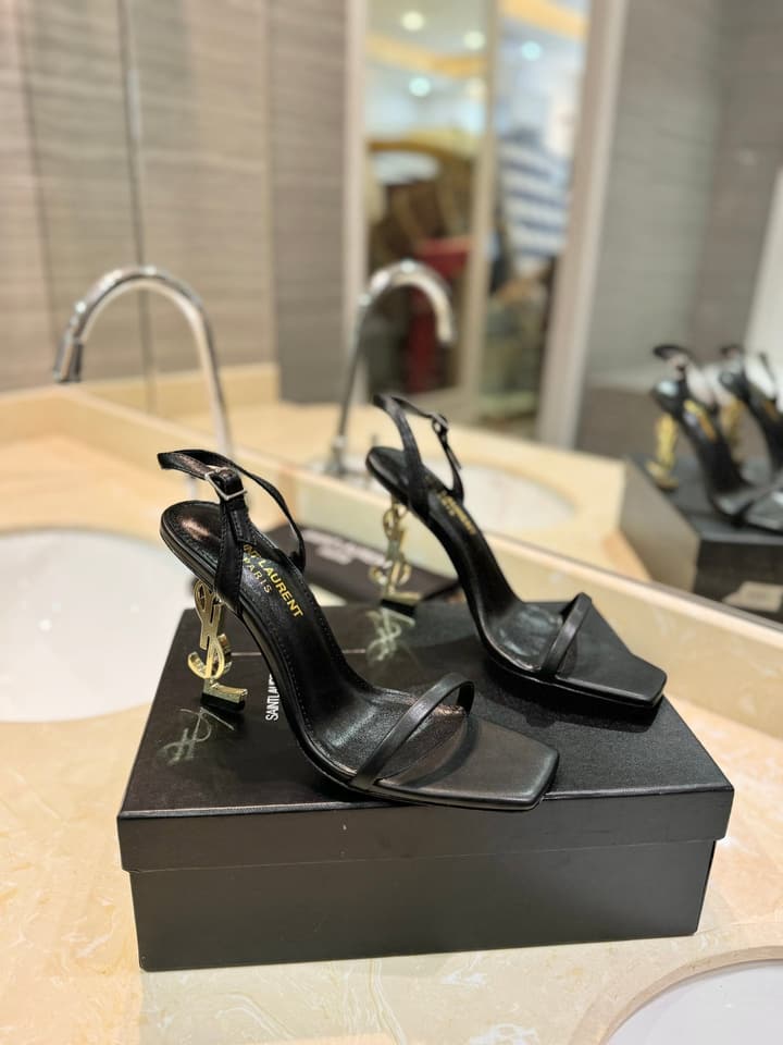 Saint Laurent YSL Logo Heeled Sandals in Apricot Patent