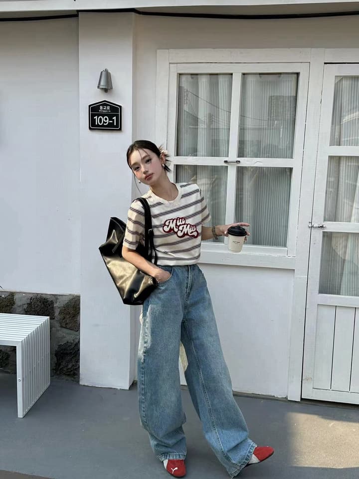 Miu Miu Embroidered Striped T-Shirt in Cream Striped