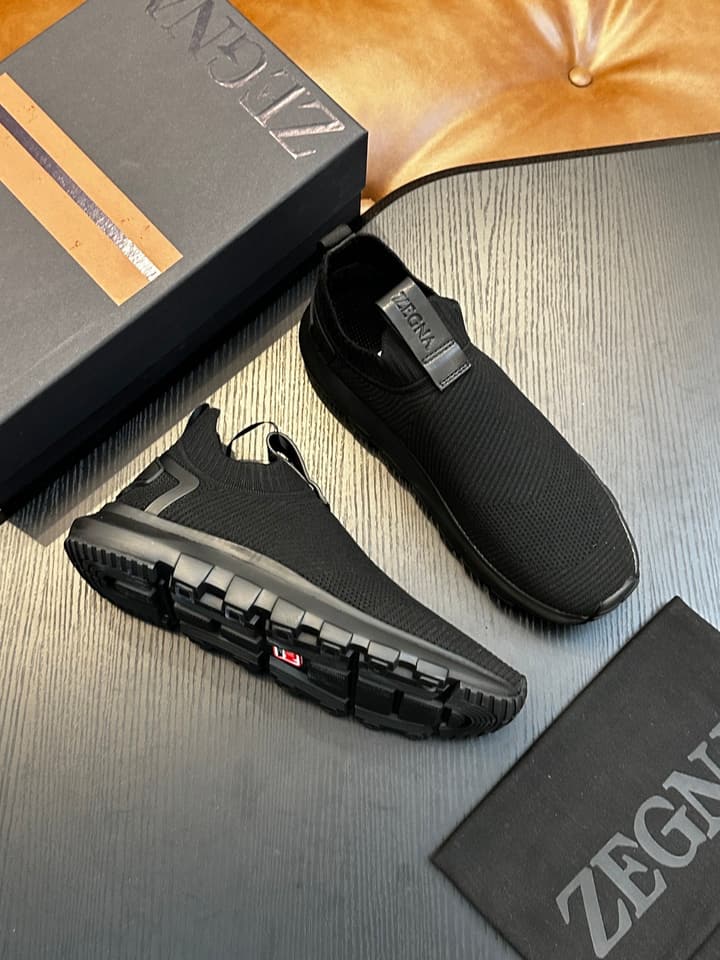 Zegna Techmerino Slip-On Sneakers in Dark Navy With Green Accent