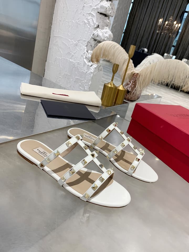 Valentino Studded Sheepskin Flat Sandals in Black