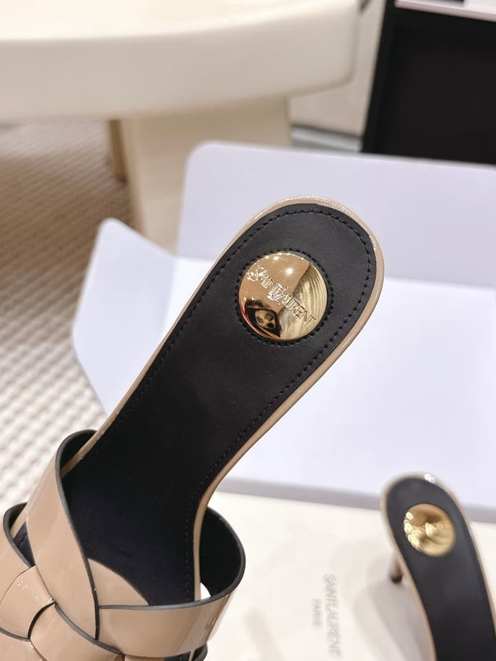 Saint Laurent Melody Square-Toe Heeled Sandals – 2026 Spring/Summer Collection in Beige Patent