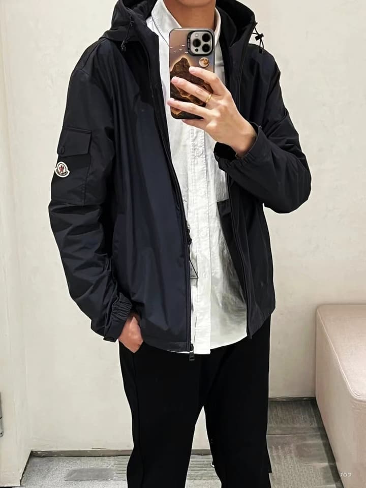 Moncler Classic Maya Hooded Windbreaker Jacket in Solid Black