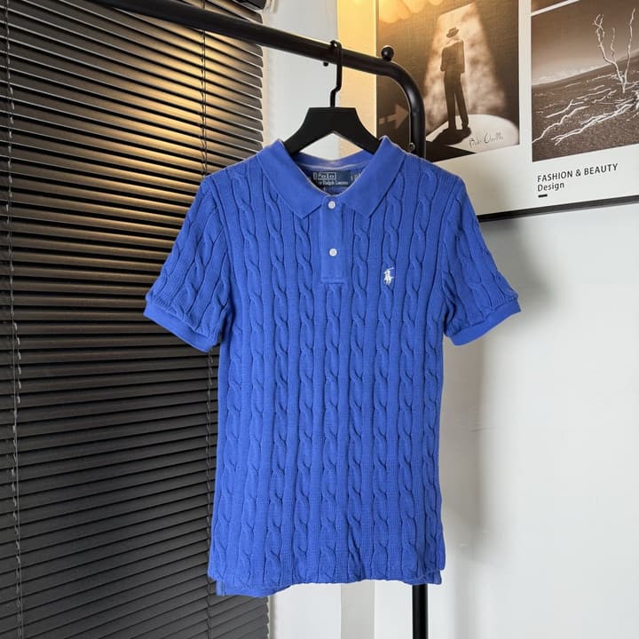 Ralph Lauren Pony Embroidered Cable-Knit Polo Shirt in Baby Blue
