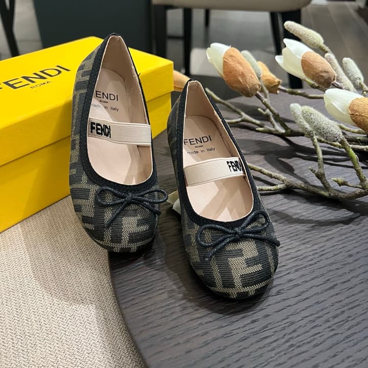 Fendi Girl's Double F Ballerina Flats – Kids Collection – 24SS in Black Monogram