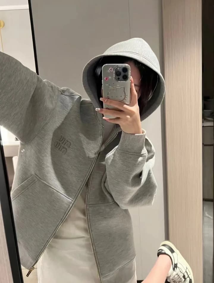 Miu Miu Heavy Patch Logo Plaid Hooded Zip Jacket