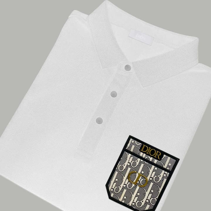 Dior Silk Long Sleeve Polo Shirt with Metal Patch in White With Solid Pocket