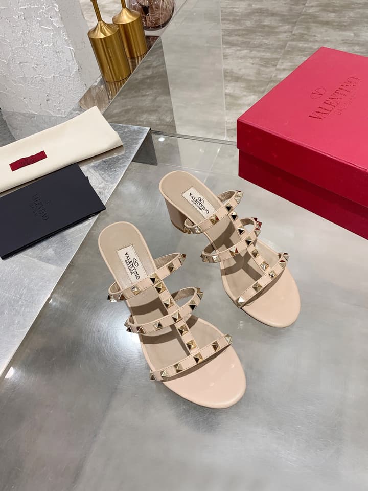 Valentino Rockstud Classic Block Heel Sandals in Nude With Gold Studs