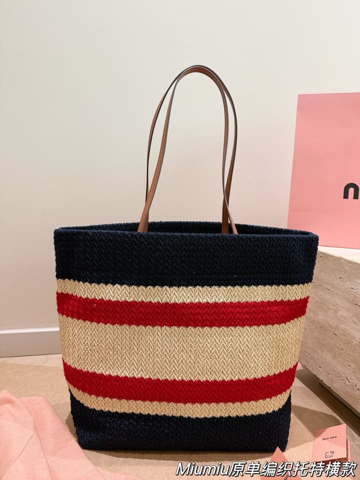Miu Miu Striped Canvas Tote Bag Collection in Orange And Green Striped Horizontal Tote